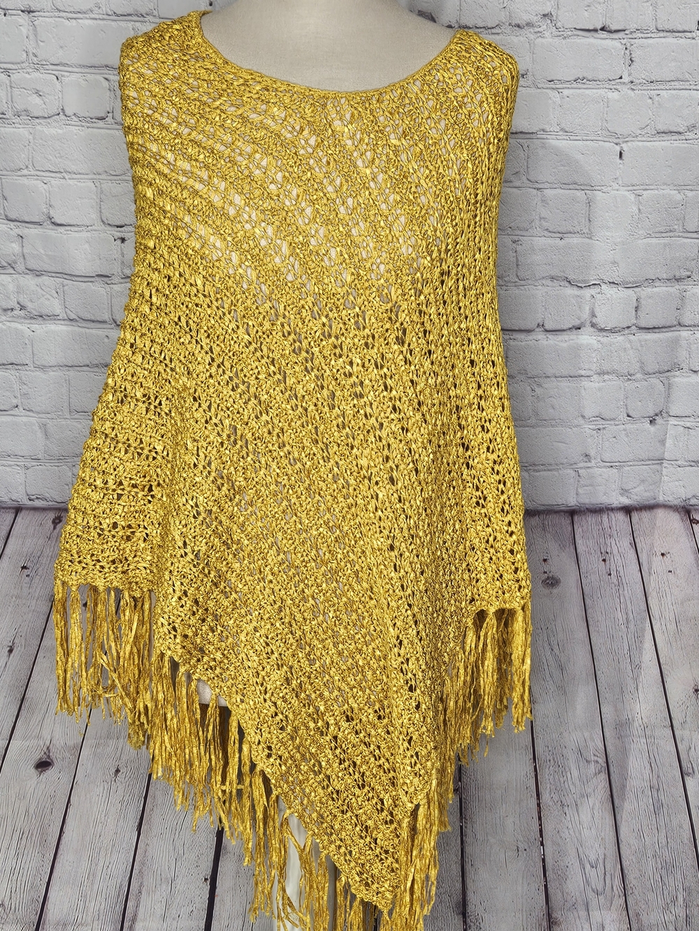 Chico's Golden Yellow Crochet Fringe Poncho